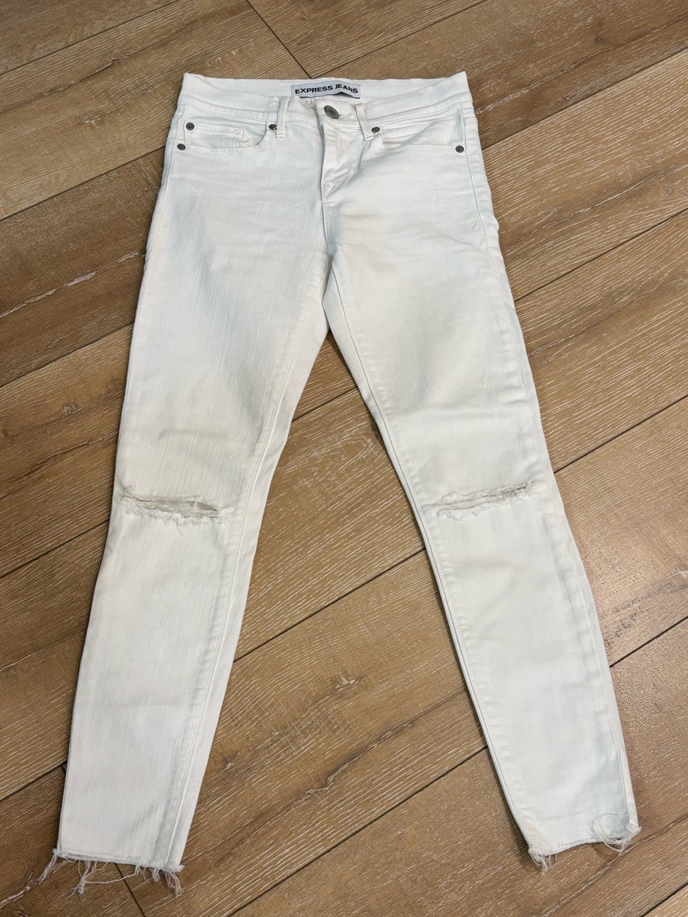 Express Mia Ankle Legging Jeans White Mid Rise Distressed Raw Hem Size 2